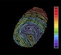 Editable vector outline image of rainbow fingerprint isolated on black background. Vector illustration of Eps10 file. Editable