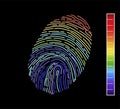 Editable vector outline image of rainbow fingerprint isolated on black background. Vector illustration of Eps10 file. Editable