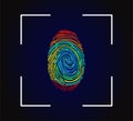 Editable vector outline image of rainbow fingerprint isolated on dark background. Finger scan identification system. Digital