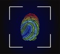 Editable vector outline image of rainbow fingerprint isolated on dark background. Finger scan identification system. Digital