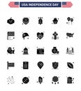 Solid Glyph Pack of 25 USA Independence Day Symbols of day; balloons; ring; celebration; party