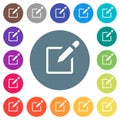 Editbox with pencil flat white icons on round color backgrounds