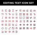 Editing text icon set include text bold,document,paste,spacing,increase,redo,align,compose,distribute,scale,grid,kerning,layout