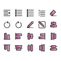 Editing text icon set include indent,bullet,numbering,list,eraser,undo,pen, pencil,draw,compose,write,bottom,distribute,top,select Royalty Free Stock Photo