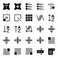 Editing text icon set include setting,scale,task,grid,fine,box,kerning,adjust,alphabet,sort,tracking,type,format,layout,image,form Royalty Free Stock Photo