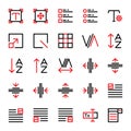 Editing text icon set include setting,scale,task,grid,fine,box,kerning,adjust,alphabet,sort,tracking,type,format,layout,image,form Royalty Free Stock Photo