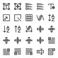 Editing text icon set include setting,scale,task,grid,fine,box,kerning,adjust,alphabet,sort,tracking,type,format,layout,image,form Royalty Free Stock Photo