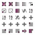 Editing text icon set include setting,scale,task,grid,fine,box,kerning,adjust,alphabet,sort,tracking,type,format,layout,image,form Royalty Free Stock Photo