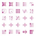 Editing text icon set include setting,scale,task,grid,fine,box,kerning,adjust,alphabet,sort,tracking,type,format,layout,image,form Royalty Free Stock Photo