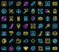 Editing tools icons set outline vector. Video create vector neon