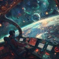 An editor aboard a spaceship, editing documents while navigating through the cosmos generated by AI