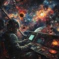 An editor aboard a spaceship, editing documents while navigating through the cosmos generated by AI