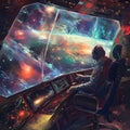 An editor aboard a spaceship, editing documents while navigating through the cosmos generated by AI