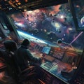 An editor aboard a spaceship, editing documents while navigating through the cosmos generated by AI