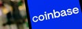 Editorial banner on Coinbase theme. Illustrative photo for news about Coinbase - a company that operates a cryptocurrency