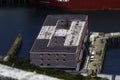 Editorial, Bibby Stockholm barge from above docked on land after arriving the day before. To house 500 UK asylum seekers. Portland