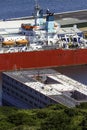 Editorial, Bibby Stockholm barge docked on land after arriving the day before. To house 500 UK asylum seekers. Portland, Weymouth