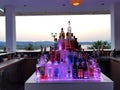 EDITORIAL: CORFU CITY, GREECE, 3 AUGUST 2021, DRINKS ON THE BAR IN SUNSET LIKE PYRAMID, corfu city, greece, 3 august 2021, drinks