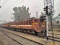 Editorial. Dated-18th April 2020, location - New Delhi. An Indian Frieght train.A forward view of outside the train door Royalty Free Stock Photo