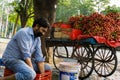 EDITORIAL DATED-16TH JUNE 2020 LOCATION-DEHRADUN INDIA. A road side fruit seller selling litchi on his small cart