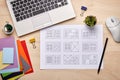 Editorial designer desk with publication layout Royalty Free Stock Photo