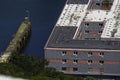Editorial, Detail of Bibby Stockholm barge from above docked on land after arriving the day before. To house 500 UK asylum seekers