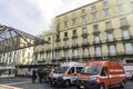 Editorial, Domestic apartment fire with smoke billowing from window. Garibaldi Square, Naples, Italy. Emergency vehicles attending