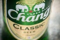 Editorial extreme close-up shoot of Thailand Chang beer classic bottle