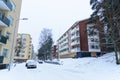 Editorial: Helsinki City, Finland, 21th December 2018. Car on the road in village with snow and winter season at Helsinki, Finland Royalty Free Stock Photo