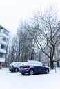 Editorial: Helsinki City, Finland, 21th December 2018. Car on the road in village with snow and winter season at Helsinki, Finland Royalty Free Stock Photo