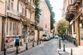 Istanbul, June 14, 2017: Pespective view down the road on passage street with parked vehicles in Kadikoy district.