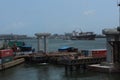 Editorial image of urban railway construction near mainland bridge Lagos. apapa port is seen in the background. Lagos