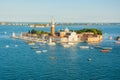 Editorial. June 2019. Venice, Italy. A view of the San Giorgio Maggiore island in the Venetian Lagoon, view from the Piazza San Royalty Free Stock Photo