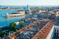 Editorial. June 2019. View of Venice, the lagoon, the Dorsoduro district and The Museo Correr from the St Mark`s Campanile is the