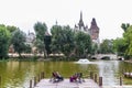 Editorial, Lake tourists enjoying view of Vajdahunyad Castle, City Park, Budapest Hungary, landscape Royalty Free Stock Photo