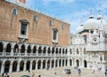 Editorial. May, 2019. Venice, Italy. The architecture of the Doge`s Palace from the courtyard: the clock, sculptures and domes