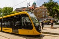 Editorial, Modern Budapest Tram with dome of Buda Castle in the background