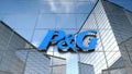 Editorial P&G logo on glass building.