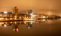 Editorial: Panorama, foggy view from the central bridge over the river to central Umea city, Vasterbotten municipality, Sweden Royalty Free Stock Photo