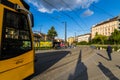 Editorial, Public trams, tramlines and people Szell Kalman ter square, Budapest Hungary