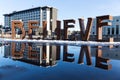 EDITORIAL: Reno, NV / USA - Feb 10 2019: BELIEVE sign art installation from Burning Man in downtown Reno Nevada