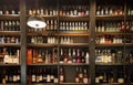 EDITORIAL: SALONICA , 2 JANUARY 2020 , OLIVE AND LEMON RESTAURANT , CELLAR, GREECE cellar of many bottles of drinks greece Royalty Free Stock Photo