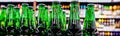 Editorial selective focus banner of Heineken beer bottles - a brand of Dutch beer