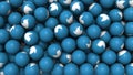 Editorial shot: filled screen 3D rendering blue balls with white icon bird. Round spheres with logo of the social