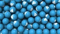 Editorial shot: filled screen 3D rendering blue balls with white icon Telegram. Round spheres with logo of the social