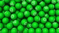 Editorial shot: filled screen 3D rendering green balls with white icon WhatsApp. Round spheres with logo of the social