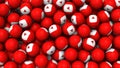Editorial shot: filled screen 3D rendering red balls with icon button play. Public social network YouTube. Round sphere