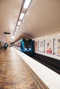 Stockholm Sweden Inside the Gardet metro station where the train is arriving to the platform Royalty Free Stock Photo