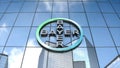 Editorial Bayer AG logo on glass building.