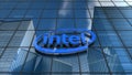 Editorial, Intel logo on glass building.